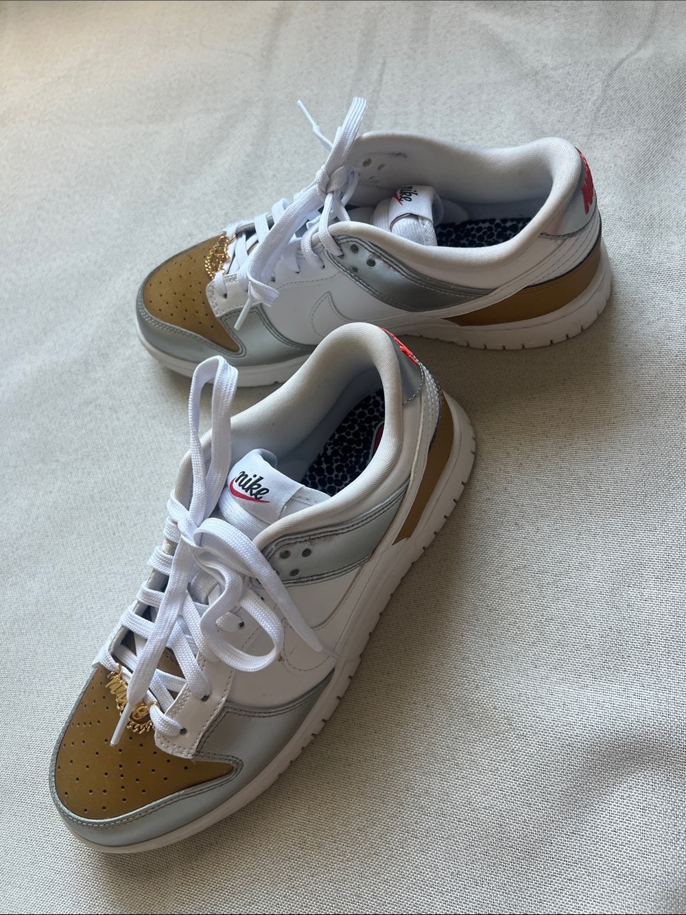 Nike Dunk Low Gold White Silver Leather Sneakers Womens Shoe Size 8.5